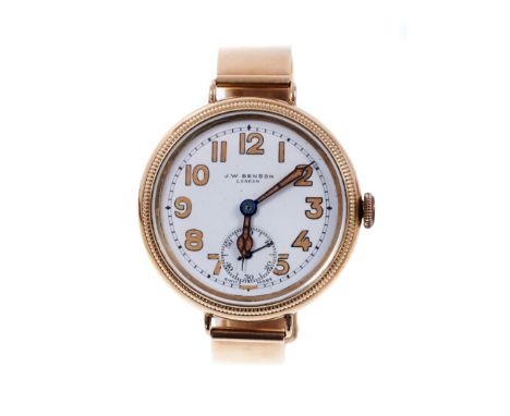 1920s Gentlemen’s 9ct gold wristwatch retailed by J W Benson, London, with circular white enamel dial, luminous paint to the 