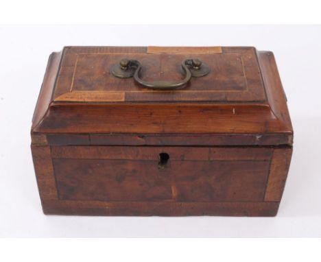 Rare George III yew wood tea caddy, with surmounting brass swan-neck handle and crossbanded inlay, 23cm wide 