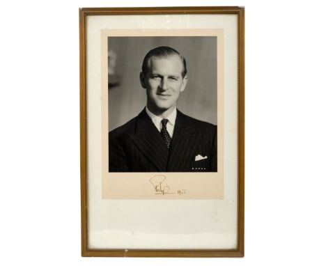 HRH The Duke of Edinburgh - signed 1955 presentation portrait photograph by Baron - The Duke wearing a suit, signed in ink on
