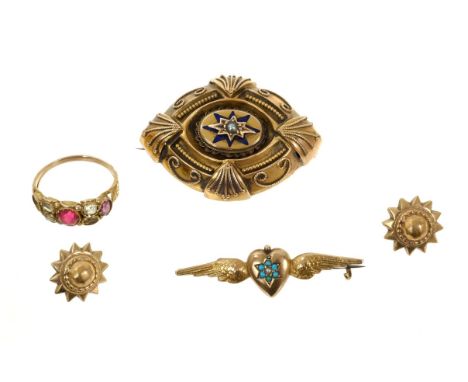 Two Victorian gold brooches, pair of Victorian-style earrings and a Victorian ring Victorian brooch is in good condition comm