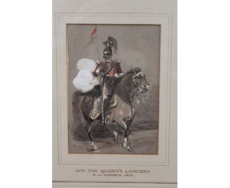 R. A. Dobbin, mid 19th century pencil and watercolour - a member of the 16th The Queen’s Lancers on horseback, in glazed gilt