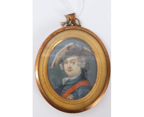 Late 18th / early 19th century Continental miniature watercolour of a Military Officer, with red sash and tricorn heat, 5 x 4