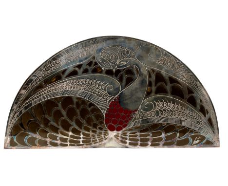Erte (1892-1990) silvered and enamel tray, demi-lune form raised on bun feet, decorated with stylised engraved bird, signed, 