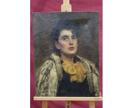 Ursula Wood, late Victorian oil on canvas - portrait of a lady in ornate cloak, signed and dated 1896, unframed, 61cm x 46cm 