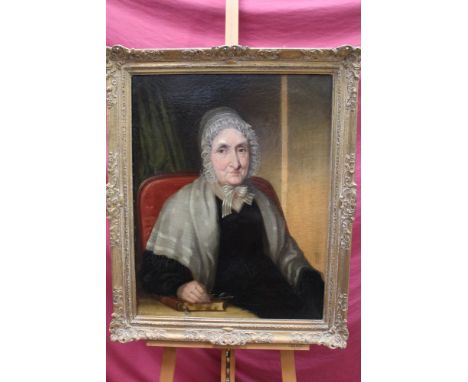 Mid 19th century English school oil on canvas - portrait of a lady seated in an interior, in gilt frame, 71cm 56cm 