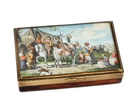 Fine 19th Century Continental tortoishell and gilt metal mounted snuff box, the rectangular hinged inset with painted panel u