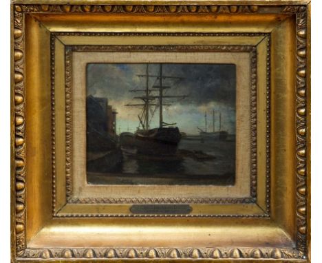 Manner of John Christian Clausen Dahl (1788 - 1857), oil on board - boats in a harbour in low light, signed and indistinctly 
