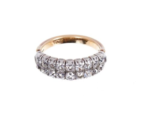 Georgian-style two row diamond ring with graduated old cut cushion shape diamonds in silver collet setting on 18ct gold shank