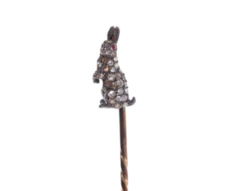 Antique diamond novelty stick pin in the form of a rabbit with red stone and pavé set diamonds in silver setting Rabbit measu