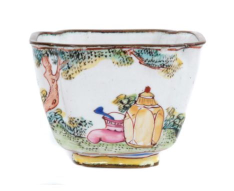 19th century Chinese enamel tea bowl, of shaped square tapered form, finely decorated with figures in as landscape, text pane
