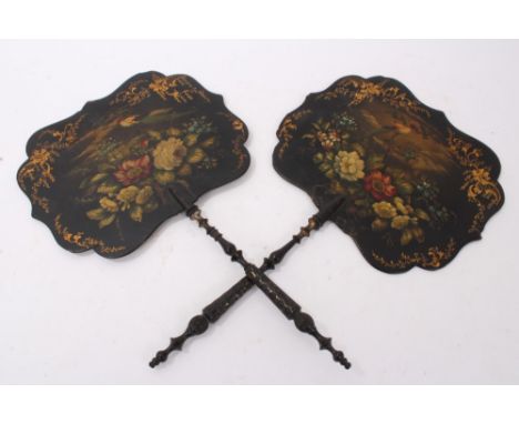 Pair 19th century papier mâché face screens, each with chinoiserie decorated cartouche shaped screen raised on turned and car