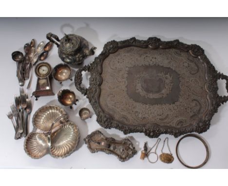 A selection of miscellaneous silver plate - including a quantity of flatware, a shell dish, pair candle snuffers and tray, te