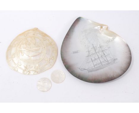 Two rare 19th century mother of pearl gaming counters engraved with erotic scenes, 3.5cm diameter, together with fine mother 