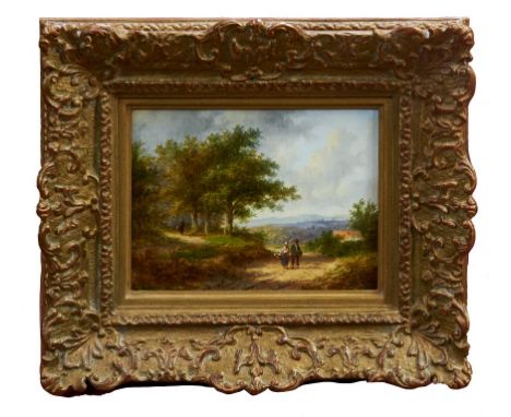 Jan Evert Morel II (1835-1905) oil on panel - figures on a woodland path, signed, in gilt frame, 19cm x 23.5cm 