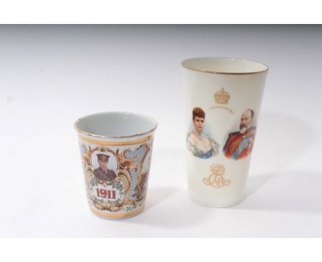 King George V Coronation 1911 commemorative enamel beaker, 9.5cm high and Royal Doulton - King Edward VII Coronation 1902 com