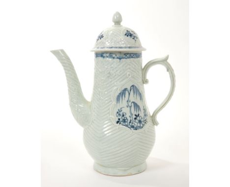 18th century Christians Liverpool blue and white coffee pot and cover with moulded body and scroll handle, painted Chinese la