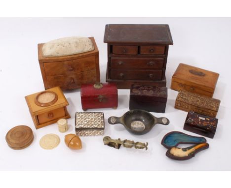 Good collection of vertu items, including miniature mahogany chest of drawers, walnut miniature chest of drawers / pin cushio