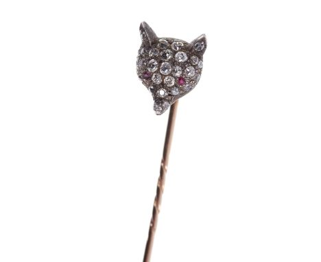 Antique diamond novelty stick pin in the form of a fox’s head with ruby eyes and pavé set old cut diamonds in silver setting 