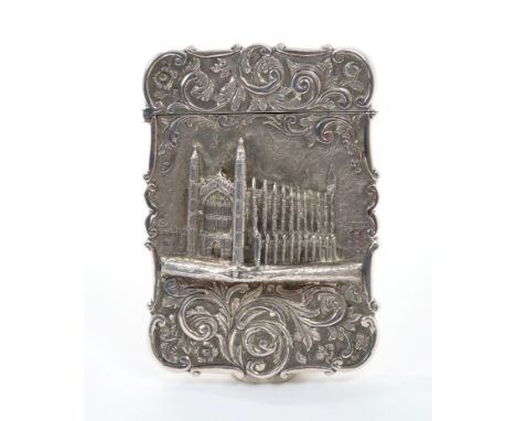 Rare early Victorian silver castle-top card case with foliate decoration and hinged cover, the front panel embossed with imag