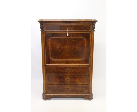 Good 19th century Continental burr walnut secrétaire à abattant, having canted fluted angles and frieze drawer over panelled 