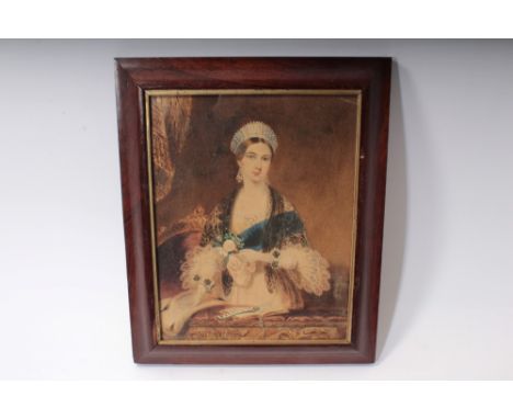 Early Victorian English School watercolour portrait of HM Queen Victoria on a theatre balcony, wearing a tiara and sash of th