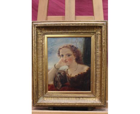 19th century Pre-Raphaelite oil on canvas - portrait of Tennyson’s Maud, in gilt frame, 25cm x 20cm Provenance: Estate of Eva