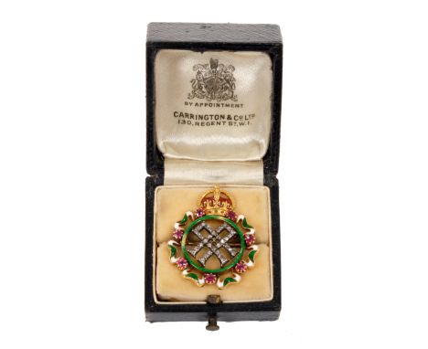 HM Queen Alexandra – fine Royal Presentation gold, diamond, ruby and enamel brooch with crown cresting, interlaced diamond se
