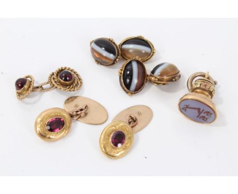 Victorian gold seal with engraved hardstone intaglio and three-colour gold decoration, two pairs of antique gold cufflinks an