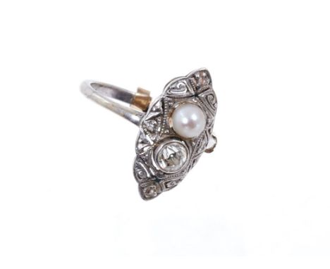 1930s pearl and diamond ring with a single pearl and old cut diamond in a marquise-shape openwork setting with rose cut diamo