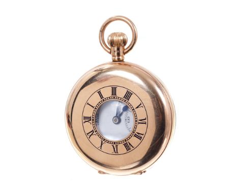 9ct gold half hunter pocket watch, by J. W. Benson, with keyless movement and white enamel dial, 50mm, in fitted case 