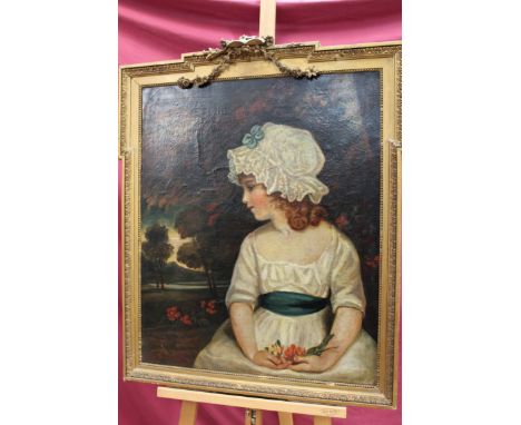 Mid 19th century English school oil on canvas - portrait of a girl seated in a landscape, in ornate gilt frame, 75cm x 62cm 