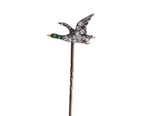 Antique diamond and enamel novelty stick pin in the form of a flying duck with enamel head and pavé set diamond wings and bod