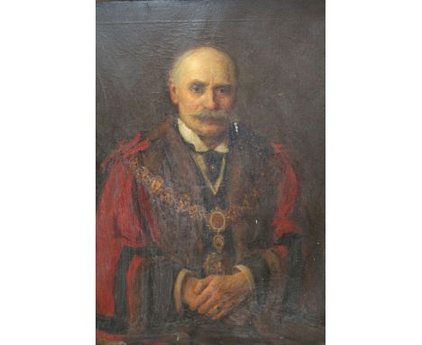 Edwardian English school oil on canvas - Portrait of Edmund Barnes (1842-1926), Mayor of St Pancras, dressed in his robes and