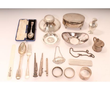 Selection of miscellaneous silver and white metal - including jewellery box, pepper, mustard, comb, two pencils, napkin rings