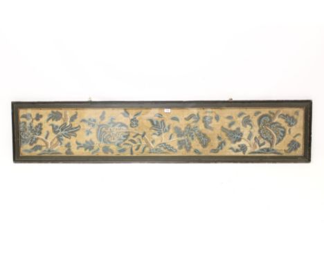 Late 17th / early 18th century stump-work panel, meandering floral motif, glazed frame, total size 40 x 186cm 