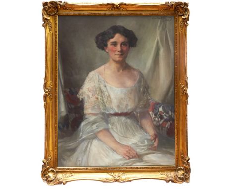 Gladys Mary Clark-Kennedy (b.1887) oil on canvas - portrait of a lady in a white dress, signed and dated 1912, in glazed gilt