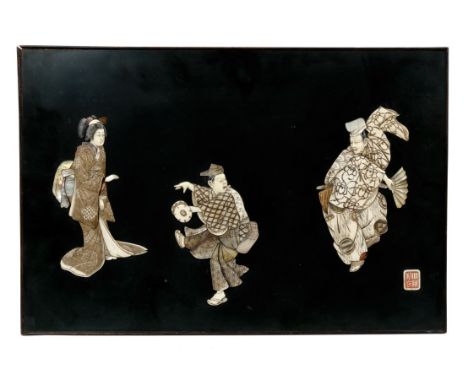 Late 19th / early 20th century Japanese shibyama panel, inlaid with bone, ivory and mothers of pearl, scene of performers, si