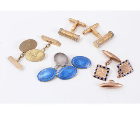 Pair of gold cufflinks with textured gold bars with diamond set bands, two other pairs of 9ct gold cufflinks and a pair of si