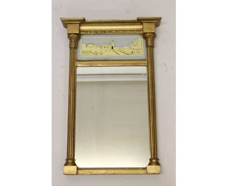 Regency gilt gesso pier mirror, rectangular plate below with églomisé panel depicting a landscape with church, 53 x 44cm 