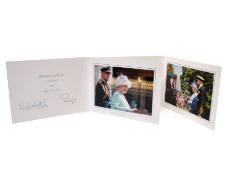 HM Queen Elizabeth II and HRH The Duke of Edinburgh – two signed Christmas cards for 2004 and 2005, with gilt Royal ciphers, 