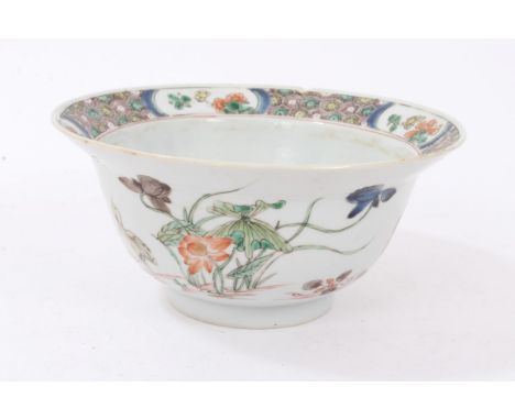 Late17th century Chinese famille verte bowl with painted crane, flower and insect decoration with hatched and floral border -