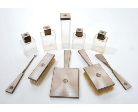 Asprey Art Deco silver and guilloche enamel ten piece dressing table set -(London 1938) 