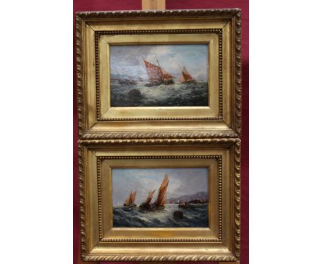 William Thornley (act.1858-1898) pair of oils on panel - shipping off the coast, in gilt frames, 12cm x 20cm 