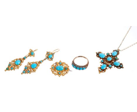 A group of antique turquoise jewellery to include a pair of Regency Cannetille work pendant earrings, matching brooch and cro