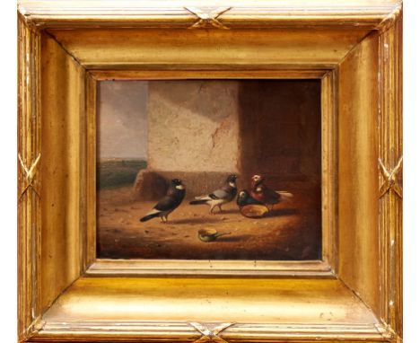 Francois Vandeverdonck (1848-1875) pair of oils on panel - Pigeons in the loft and before a barn, each signed and dated 1861,