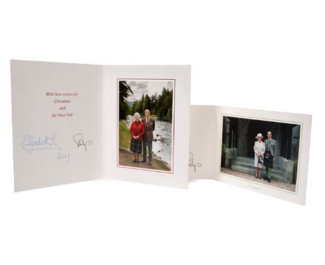 HM Queen Elizabeth II and HRH The Duke of Edinburgh – two signed Christmas cards for 2008 and 2009, with gilt Royal ciphers, 
