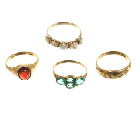 Four Victorian gold rings to include an 18ct diamond gypsy ring, 15ct gold and cabochon garnet signet ring and two others (Qt