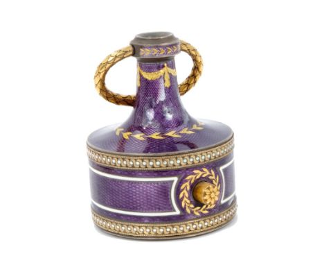 Fine quality early 20th century guilloché enamel bell push, in the manner of Fabergé, with purple enamel and gilt wreath bord