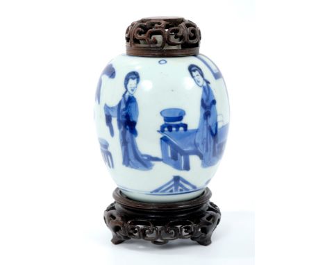 17th century Chinese Kangxi blue and white ovoid vase with painted figures in interiors - leaf mark to base - 11.1cm, with pi