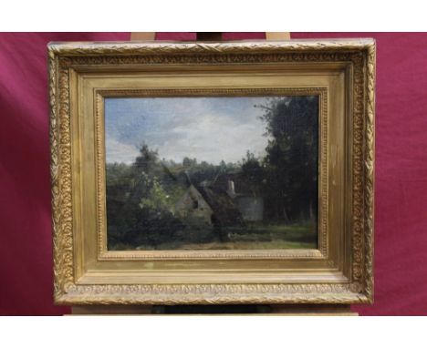 19th century English school oil on canvas laid on panel - cottages among trees, in gilt frame, 26cm x 36cm 